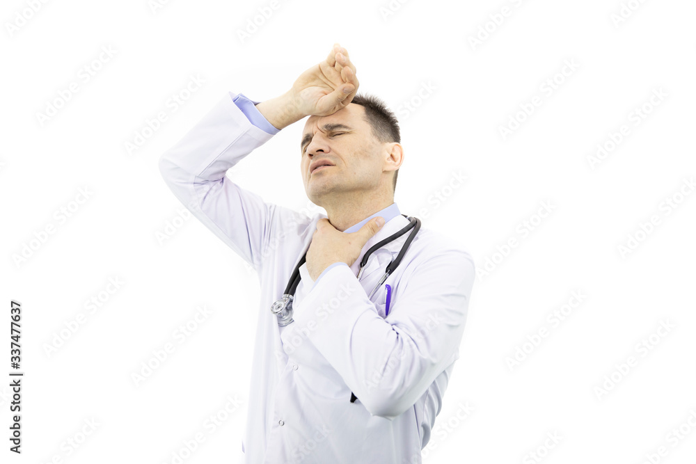 Physician is tired of work. Sore throat and headache. Infection. Portrait of adult caucasian man in a white coat with a stethoscope on his neck. Man is sick. White background. Studio shot Physician is tired of work. Sore throat and headache. Infection. Portrait of adult caucasian man in a white coat with a stethoscope on his neck. Man is sick. White background. Studio shot