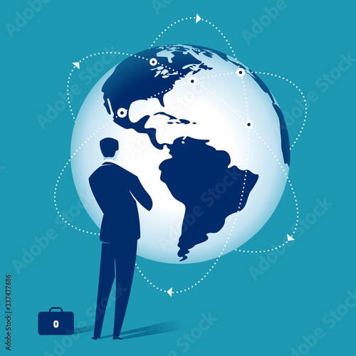 Vision. Businessman observes the world in motion. Business vector illustration.