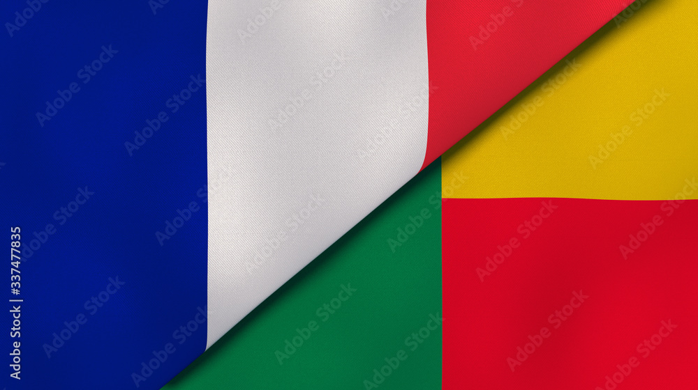The flags of France and Benin. News, reportage, business background. 3d illustration