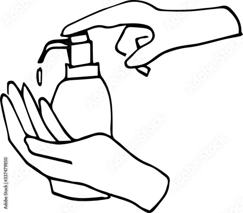 Line drawn hands using sanitizer gel to protect Covid-19 virus or coronavirus vector illustration sketch doodle on white background \care, clean medical corona soap