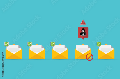 Email / envelope with black document and skull icon. Virus, malware, email fraud, e-mail spam, phishing scam, hacker attack concept. Vector illustration	