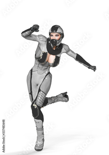 comic woman in a sci fi outfit running