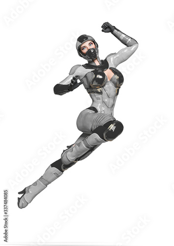 comic woman in a sci fi outfit doing a jump attack side view