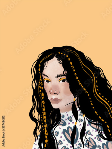 Latin American portrait of girl with curly hair and yellow accessorise. isolated on yellow background . Hispanic woman. Races and nationalities of the world. illustration