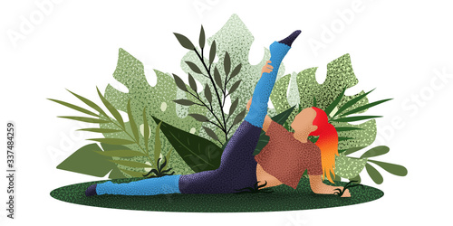 Young woman is doing stretching on the nature. Girl performing aerobics exercise and morning meditation. Physical and spiritual practice. Vector illustration in flat cartoon style.