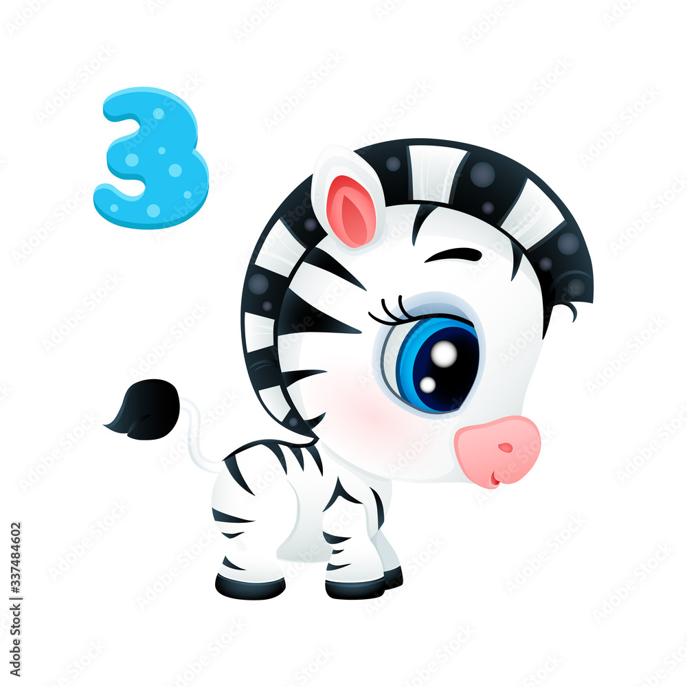 vector icon of a funny cartoon zebra with big blue eyes with a letter