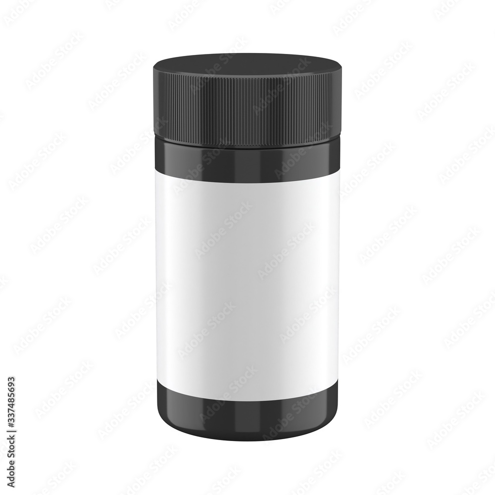 Black medical bottle. Pill container mockup. 3d render isolated on white. Black medical bottle. Pill container mockup. 3d render isolated on white.
