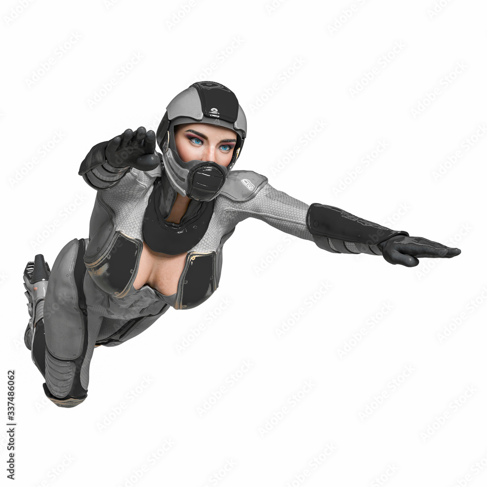 comic woman in a sci fi outfit jumping