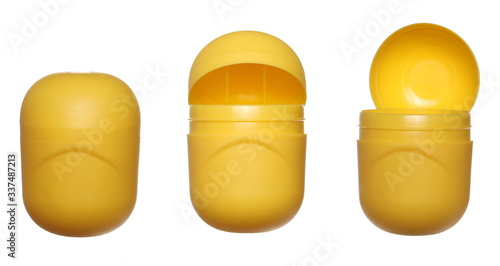 Plastic yellow empty chocolate container, packaging three stages from open to closed, isolated on white background