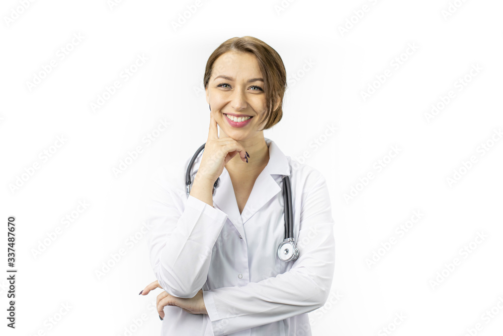 Portrait of caucasian sexy female doctor isolated on white background smiling happily. Concept medical services. Snow-white smile. 24/7 medical assistance. Close-up. Studio shot Portrait of caucasian sexy female doctor isolated on white background smiling happily. Concept medical services. Snow-white smile. 24/7 medical assistance. Close-up. Studio shot