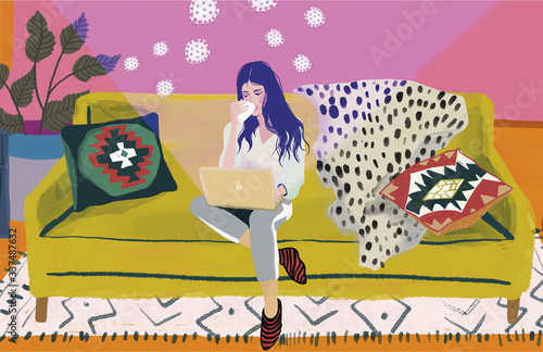 girl with laptop sitting on the sofa Freelance or studying concept.work at home.Coronavirus quarantine isolation. photo