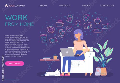 Freelancer working. Work from home. Freelance work. Website Landing page homepage template. Vibrant violet web page.
