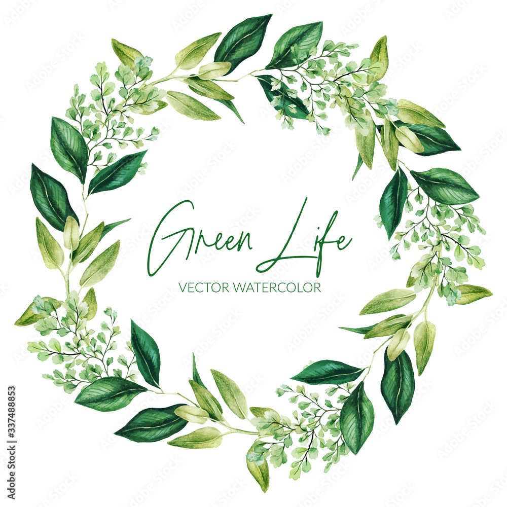 Green watercolor leaves and branches wreath, hand drawn - obrazy, fototapety, plakaty 