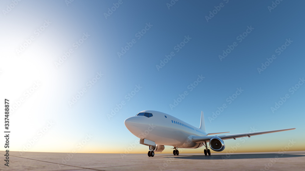 Fototapeta premium Airplane at the landing strip. Ground view, wide angle shot. 3D Render