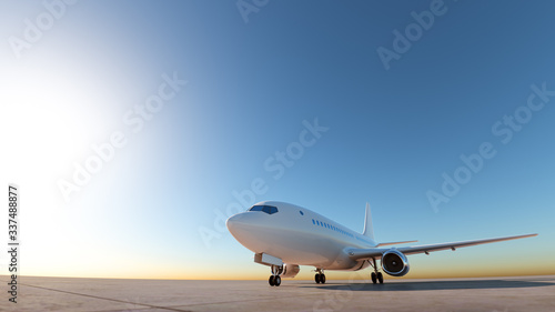 Airplane at the landing strip. Ground view, wide angle shot. 3D Render © ouh_desire