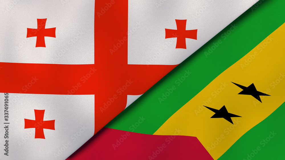 The flags of Georgia and Sao Tome and Principe. News, reportage, business background. 3d illustration