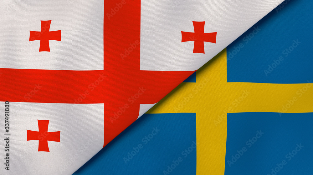 The flags of Georgia and Sweden. News, reportage, business background. 3d illustration