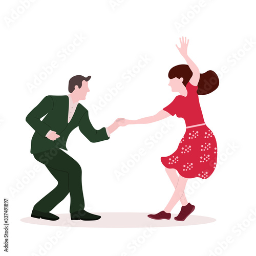 Dancing couples  on white background. People in 1940s or 1950s style. Men and women on swing, jazz, lindy hop or boogie woogie party. Vector illustration.