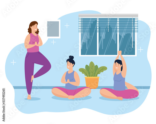 women doing yoga in the house vector illustration design