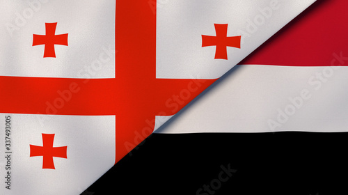 The flags of Georgia and Yemen. News, reportage, business background. 3d illustration photo