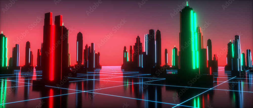Fototapeta futurystyczne tło z neonowymi świecącymi sześcianami (renderowanie 3d)