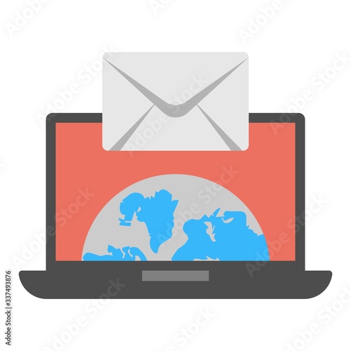 Laptop with envelope sign on screen. Worldwide email sending symbol. Email marketing, internet advertising concepts. Flat icon design for perfect web and mobile UI design.
