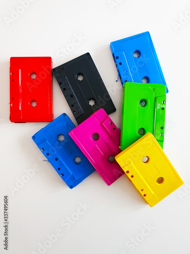 Old mixed tapes redesigned DIY colorful party decoration, hobby before and after home business 