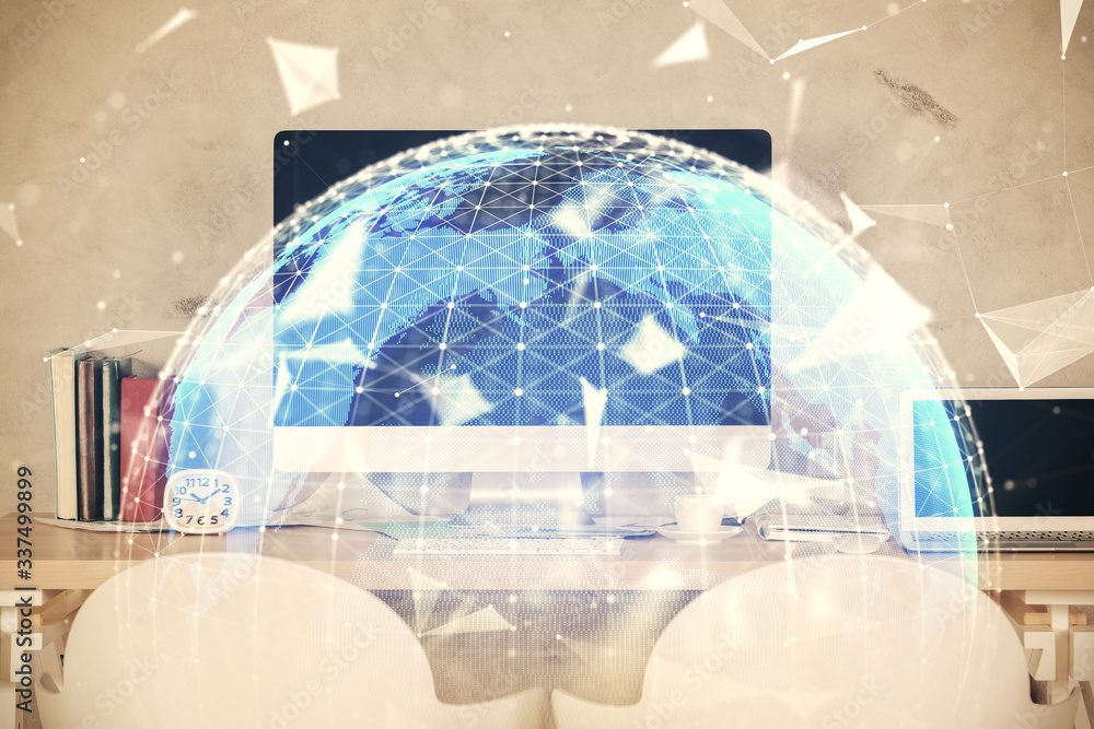 Double exposure of business theme drawing and office interior background. Concept of success Double exposure of business theme drawing and office interior background. Concept of success