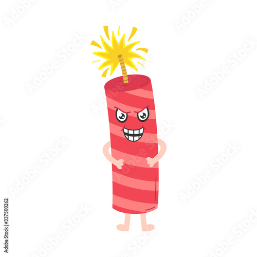 Firecracker vector cartoon illustration. Fireworks hand drawn comic mascot logo, burning dynamite with crazy laughing face. Isolated.