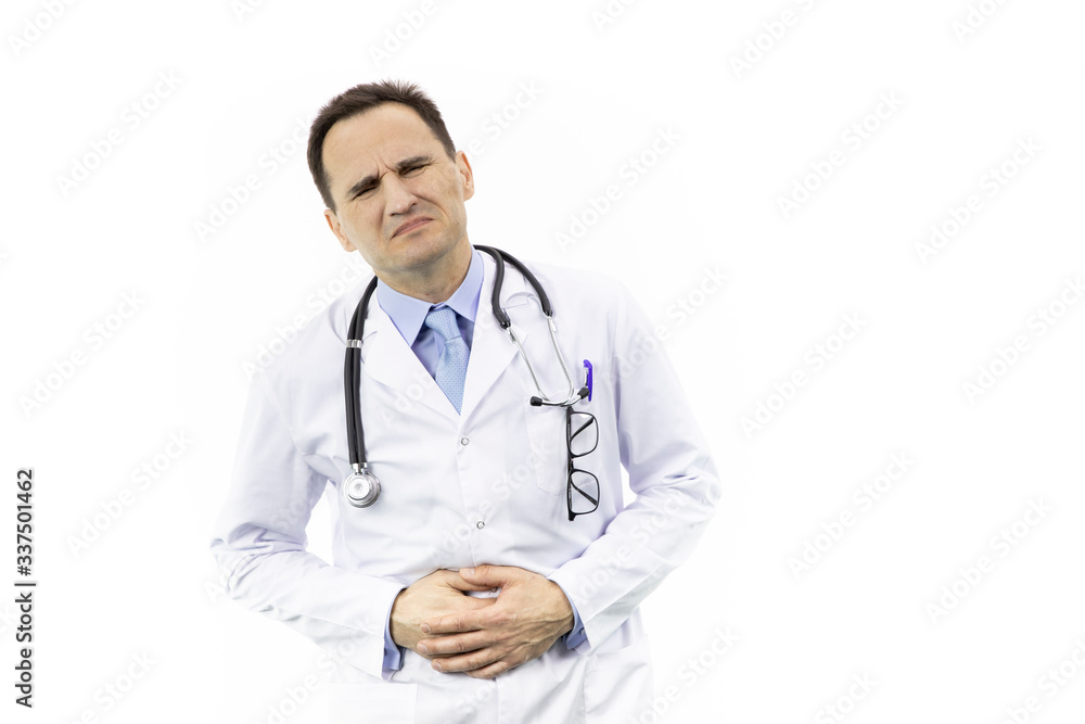 Doctor suffers from severe abdominal pain. Gastritis digestive problems. Intestinal inflammation. Virus infection. Appendicitis. Adult doctor in white coat with stethoscope over neck. White background