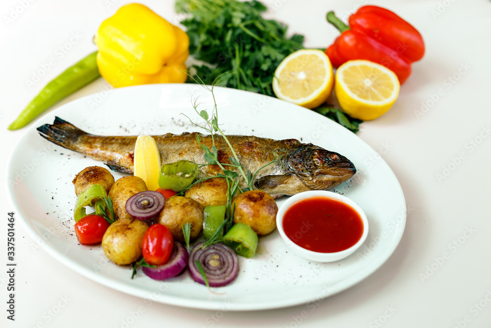 rainbow trout with grilled vegetables and citrus sauce rainbow trout with grilled vegetables and citrus sauce