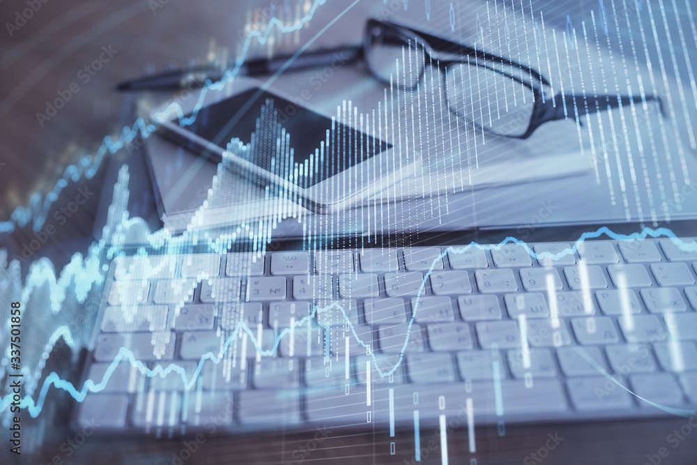 Double exposure of forex chart drawing and cell phone background. Concept of financial trading Double exposure of forex chart drawing and cell phone background. Concept of financial trading