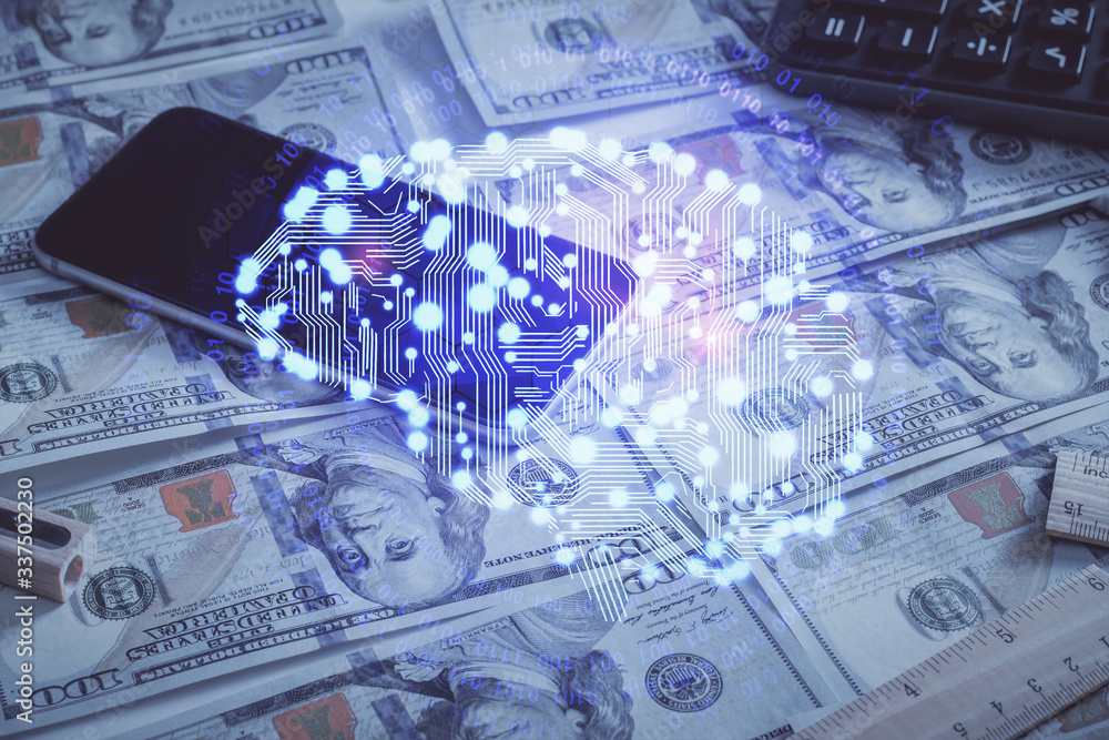 Double exposure of brain drawing over us dollars bill background. Technology concept. Double exposure of brain drawing over us dollars bill background. Technology concept.