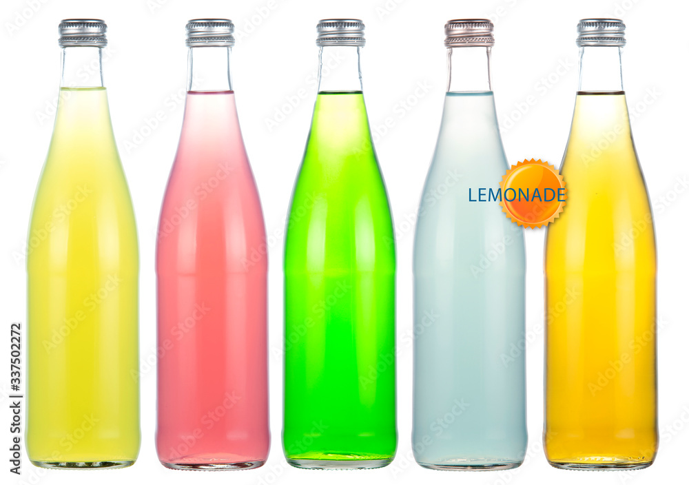 Five bottles of carbonated lemonade in various colors Five bottles of carbonated lemonade in various colors
