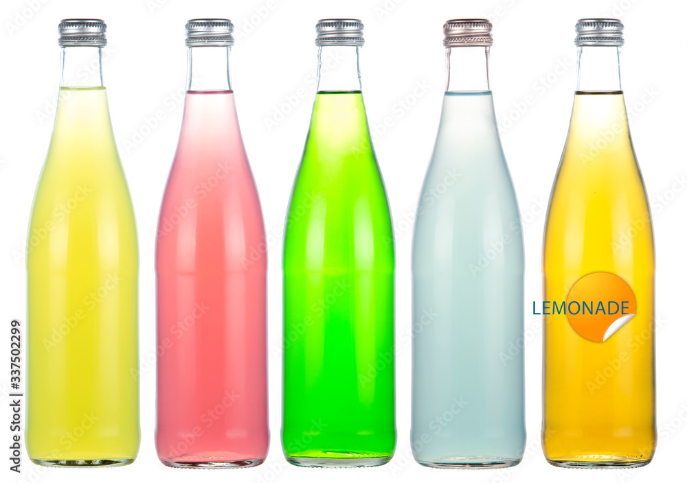Five bottles of carbonated lemonade in various colors Five bottles of carbonated lemonade in various colors