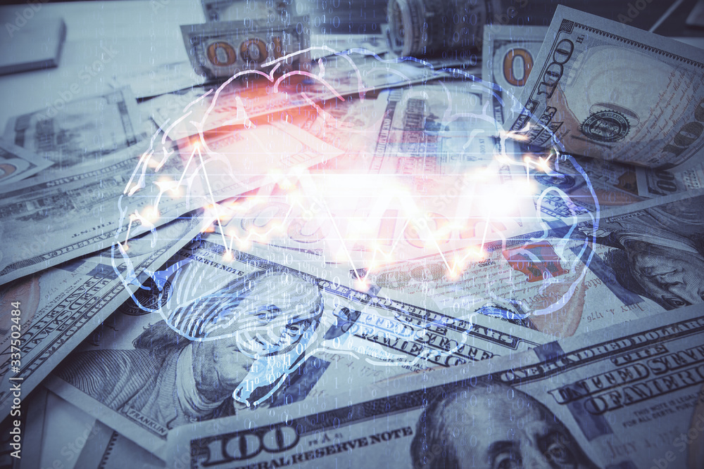 Double exposure of brain drawing over us dollars bill background. Technology concept. Double exposure of brain drawing over us dollars bill background. Technology concept.