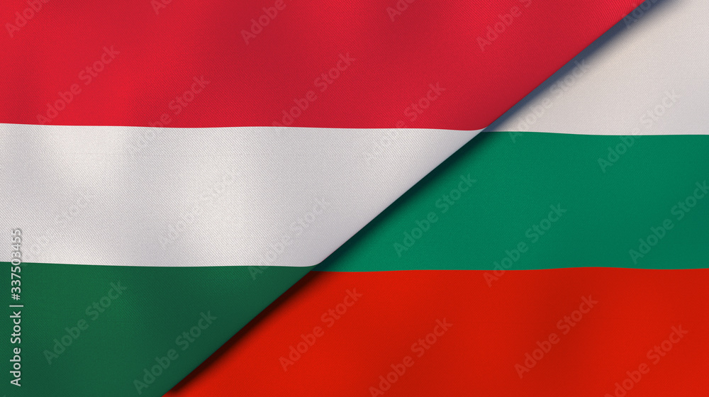 The flags of Hungary and Bulgaria. News, reportage, business background. 3d illustration