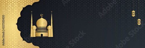 Gold frame black ramadan kareem background. Paper cut vector illustration with mosque and moon, place for text greeting card and banner