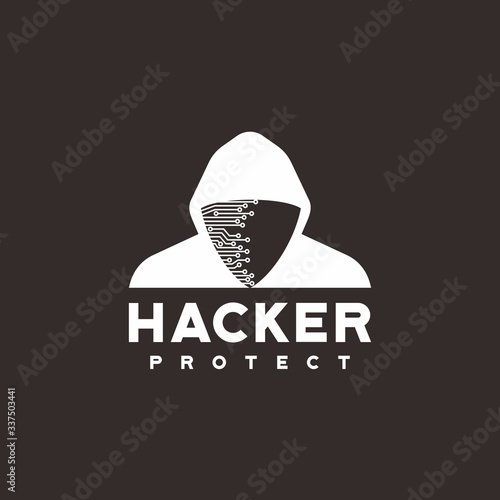 Hacker and shild sign symbol for hacker protection logo design vector