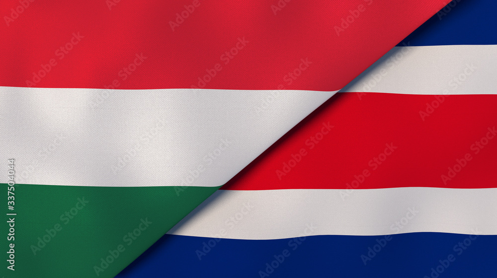 The flags of Hungary and Costa Rica. News, reportage, business background. 3d illustration