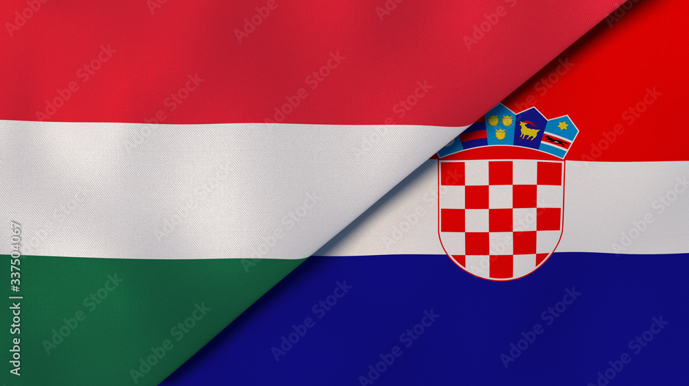 Naklejka premium The flags of Hungary and Croatia. News, reportage, business background. 3d illustration