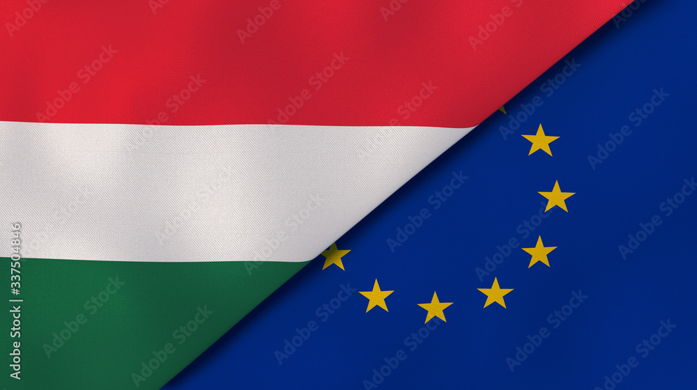 The flags of Hungary and European Union. News, reportage, business background. 3d illustration The flags of Hungary and European Union. News, reportage, business background. 3d illustration