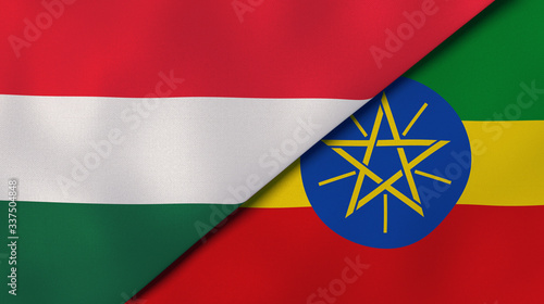 The flags of Hungary and Ethiopia. News, reportage, business background. 3d illustration