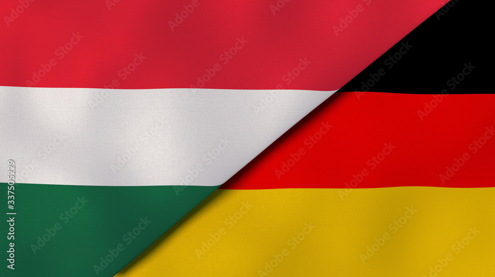 The flags of Hungary and Germany. News, reportage, business background. 3d illustration