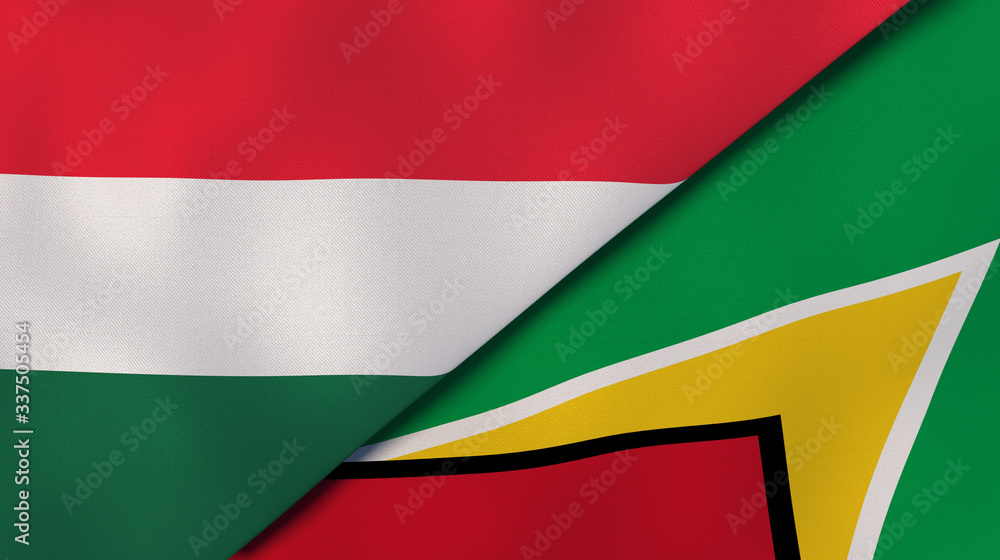 Fototapeta premium The flags of Hungary and Guyana. News, reportage, business background. 3d illustration