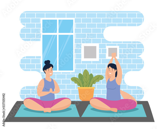 women doing yoga in the house vector illustration design