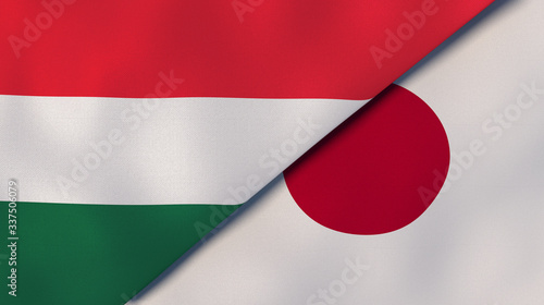The flags of Hungary and Japan. News, reportage, business background. 3d illustration