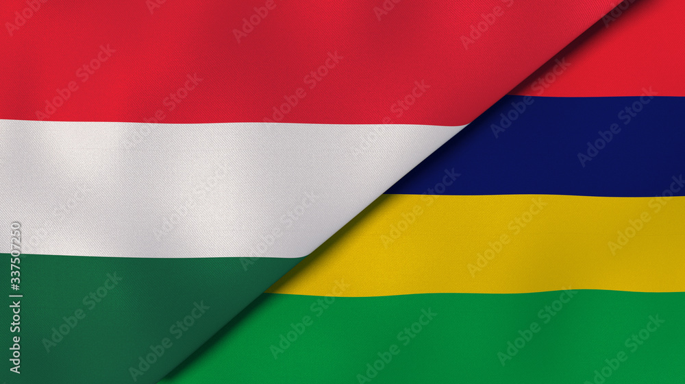 Obraz premium The flags of Hungary and Mauritius. News, reportage, business background. 3d illustration