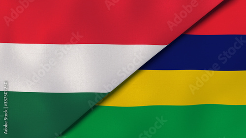 The flags of Hungary and Mauritius. News, reportage, business background. 3d illustration