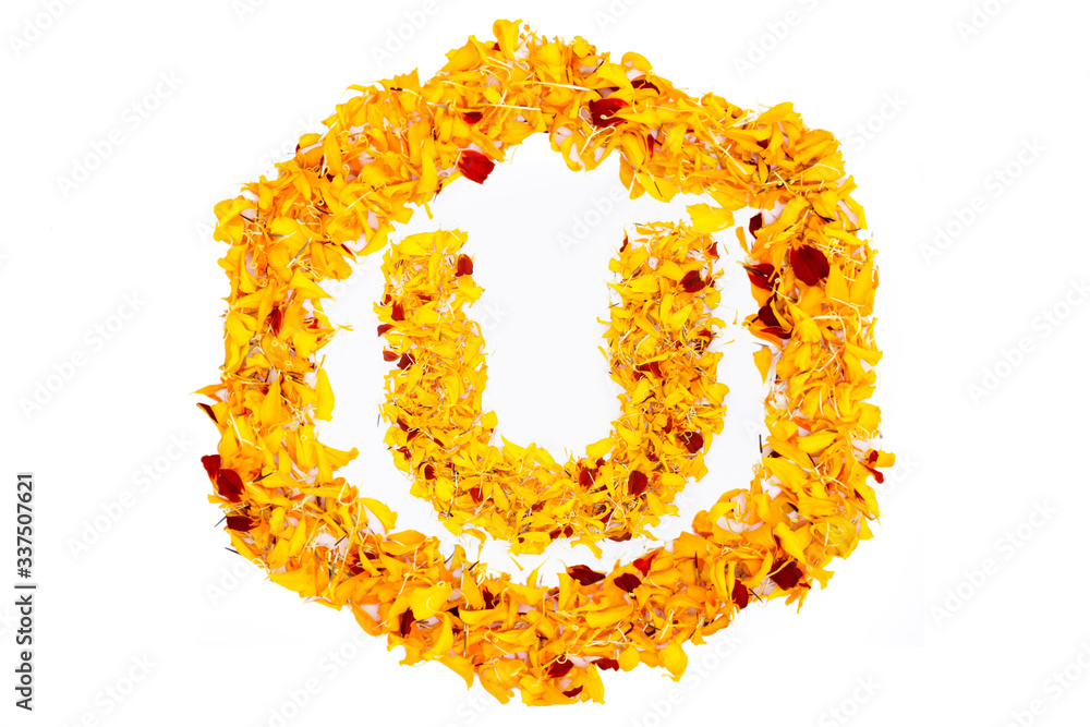 Letter U In Spring Flower Petal Hexagon. Marigold petal alphabet isolated on white background.